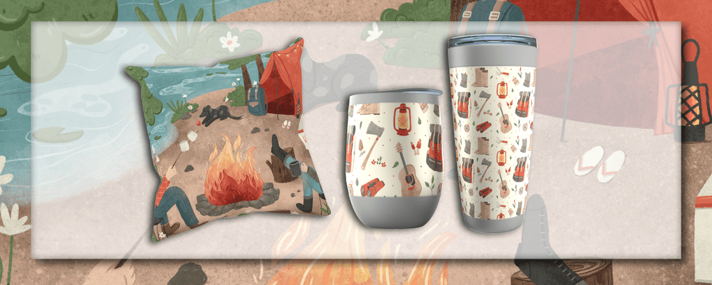 happy camper collection drop #1 - cushion, wine and coffee tumblers shown over original camping illustration